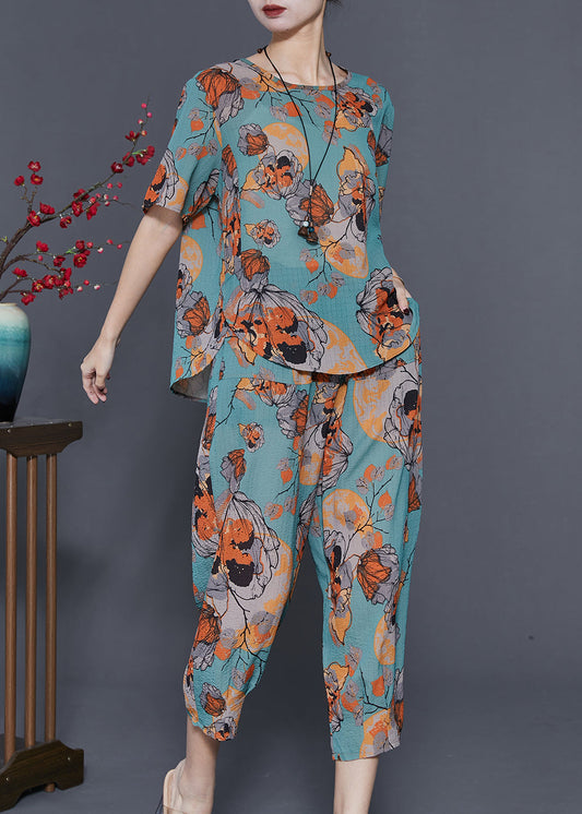Diy Blue Oversized Print Linen Two Pieces Set Summer