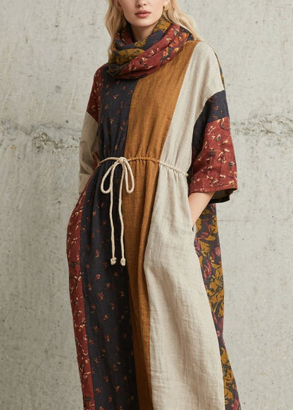 Colorblock Print Lace Up Cotton Dress Summer