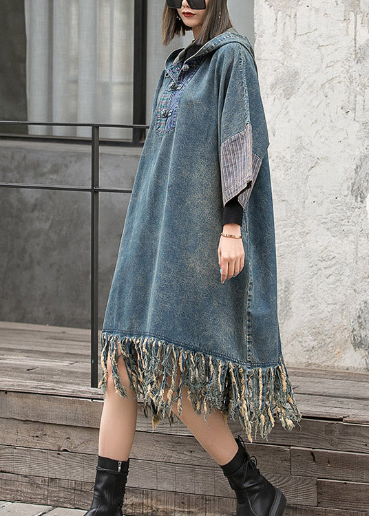 Blue Hooded Patchwork Tasseled Denim Dress Batwing Sleeve