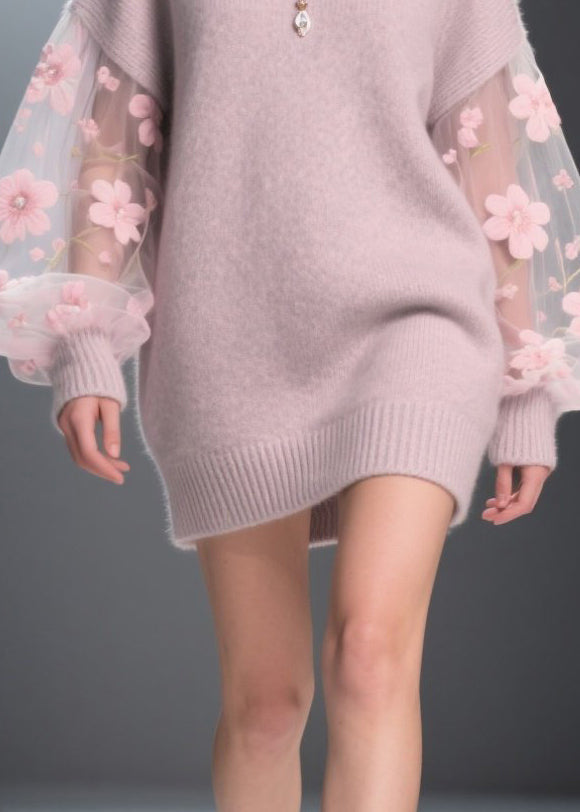 Light Purple Patchwork Tulle Thick Long Sweater Fall