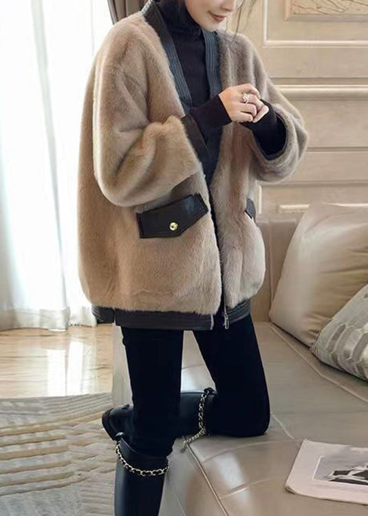 New Khaki Zippered Pockets Patchwork Leather and Fur Coat Winter