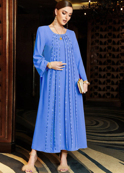 Blue Patchwork Nail Bead Vacation Long Dresses Fall