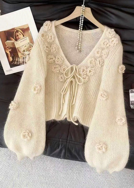 Beige V Neck Lace Up Cozy Knit Cardigan