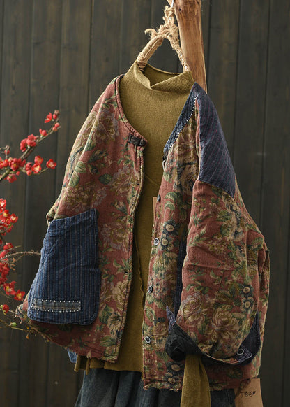 Coffee Print Pockets Denim Patchwork Fine Cotton Filled Jacket Winter