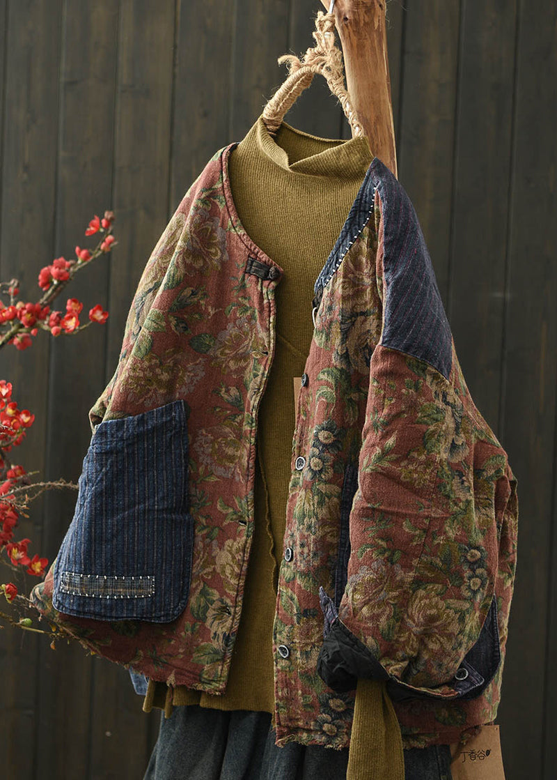 Coffee Print Pockets Denim Patchwork Fine Cotton Filled Jacket Winter