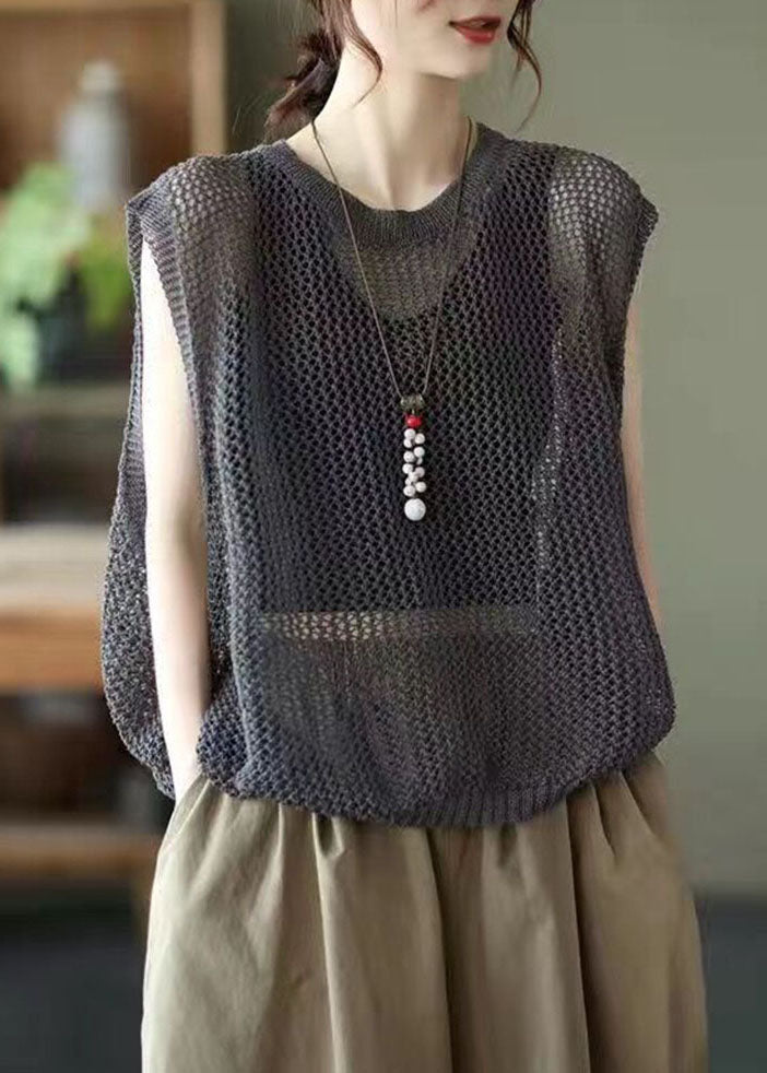 Loose Brown O Neck Hollow Out Knit Vest Sleeveless