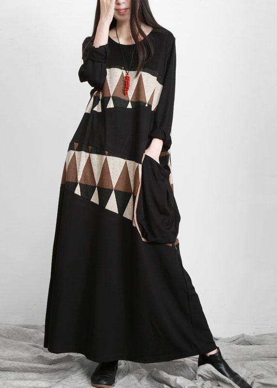 Black Patchwork Print Pockets Asymmetrical Design Maxi Dress Fall