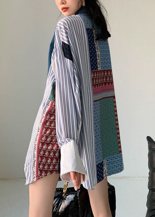 Colorblock Denim Patchwork Striped Print Cotton Shirt Dresses Spring