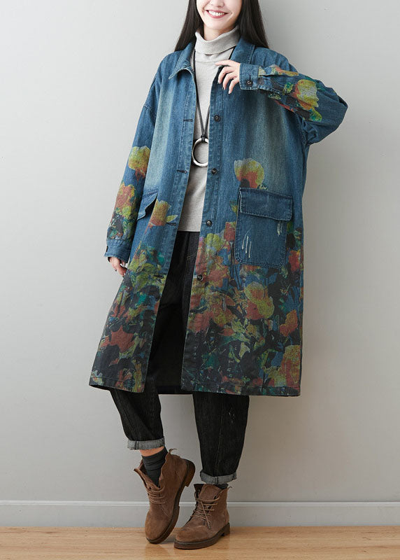 Blue Peter Pan Collar Pockets Print Cotton Denim Coats Spring