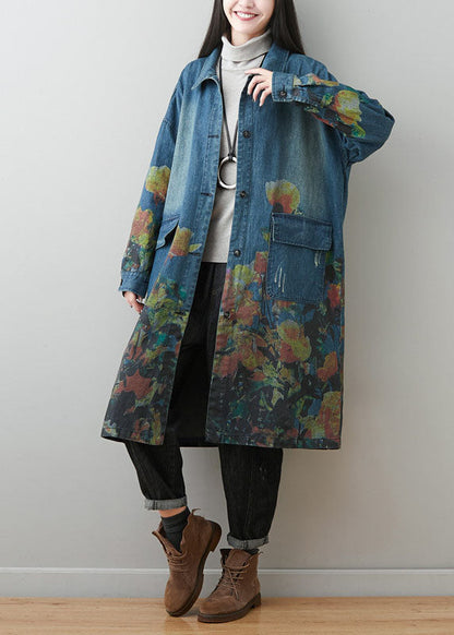 Blue Peter Pan Collar Pockets Print Cotton Denim Coats Spring