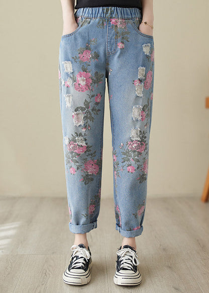 Blue Print High Waist Denim Harem Pants