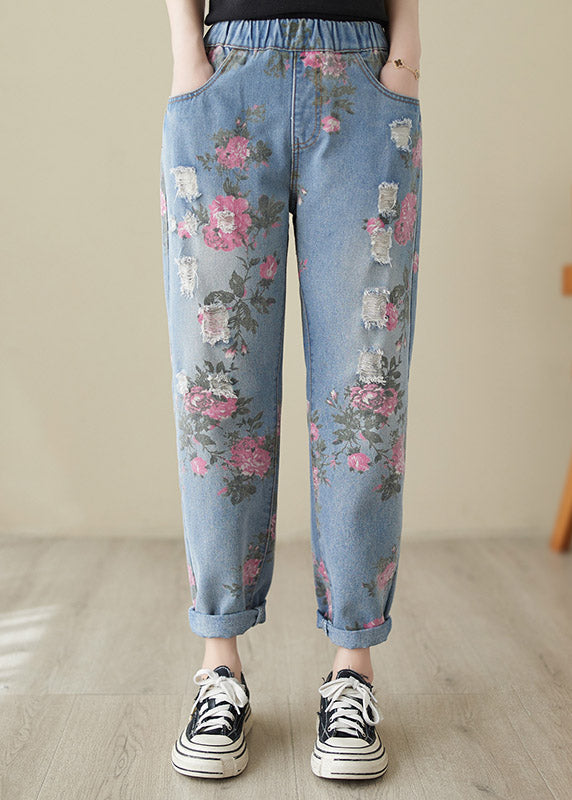 Blue Print High Waist Denim Harem Pants