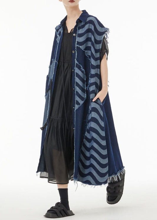 Blue Asymmetrical Patchwork Cotton Denim Long Cardigans Sleeveless
