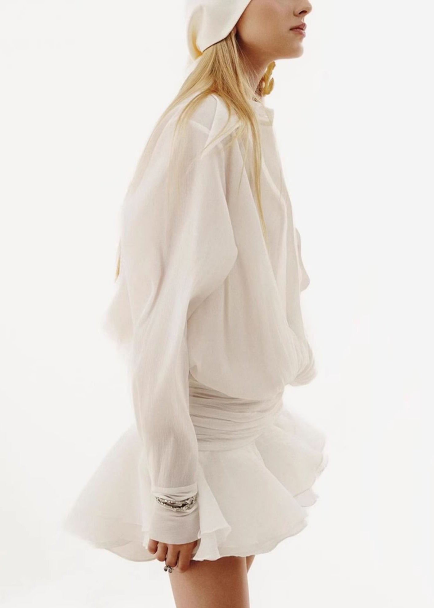 Loose White Peter Pan Collar Wrinkled Chiffon Shirts Dress Spring
