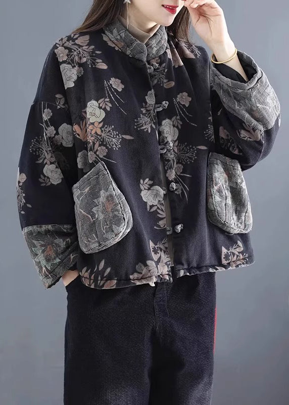 Black Pockets Print Denim Warm Fleece Coats Winter