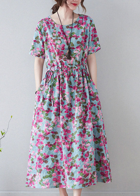 Red O-neck Cinched Print Cotton Cinch Dress Short Sleeve