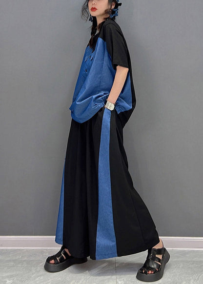 Boutique Black O-neck Patchwork Top and Long Pants Two Piece Set Summer
