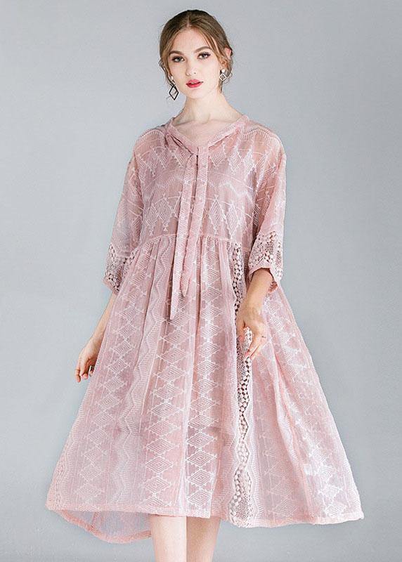 Style Pink Tie Hollow Out Spring Half Sleeve Two Piece Set Clothing