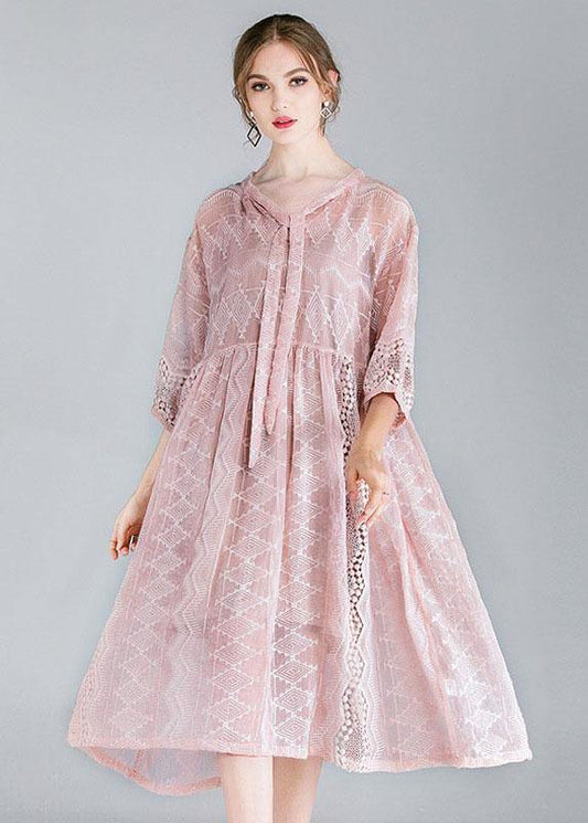 Style Pink Tie Hollow Out Spring Half Sleeve Two Piece Set Clothing