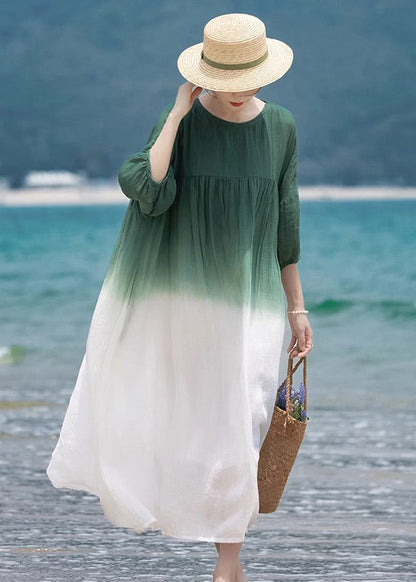 Loose Green O-neck Wrinkled Patchwork Cotton Dress Half Sleeve