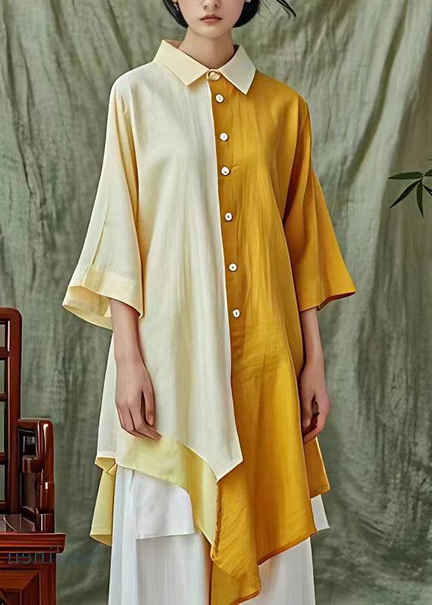 Yellow Asymmetrical Patchwork Button Maxi Shirts Fall