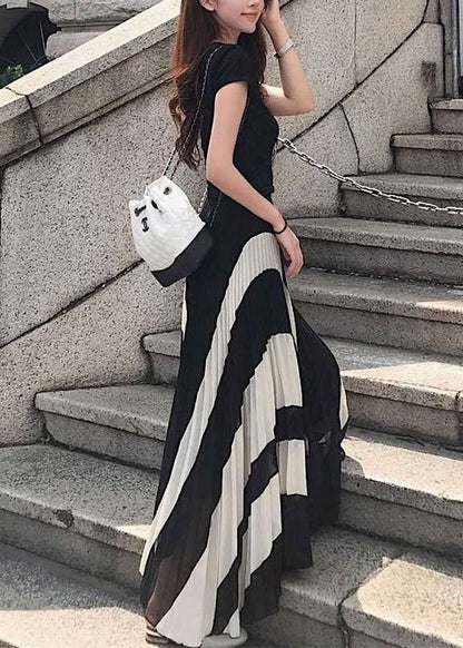 Black Wrinkled Patchwork Chiffon Skirts Spring