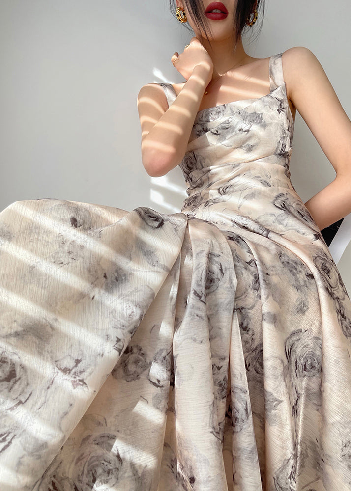 Square Collar Zippered Print Chiffon Maxi Dresses Sleeveless Summer