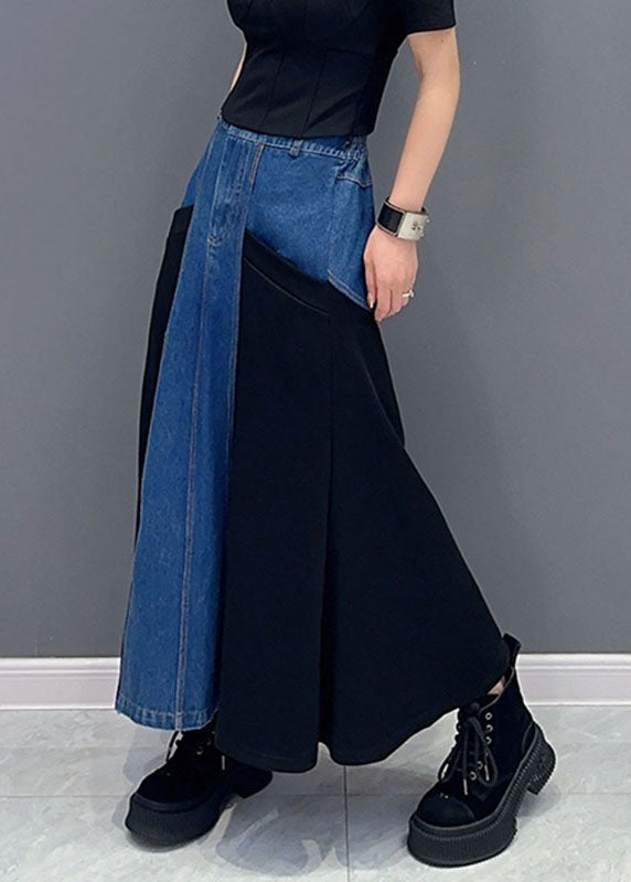 Blue Patchwork Black High Waist Denim Maxi Fish Tail Skirts