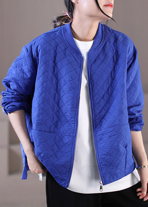Unique Black O-neck Zippered Pockets Plaid Cotton Coat Long Sleeve