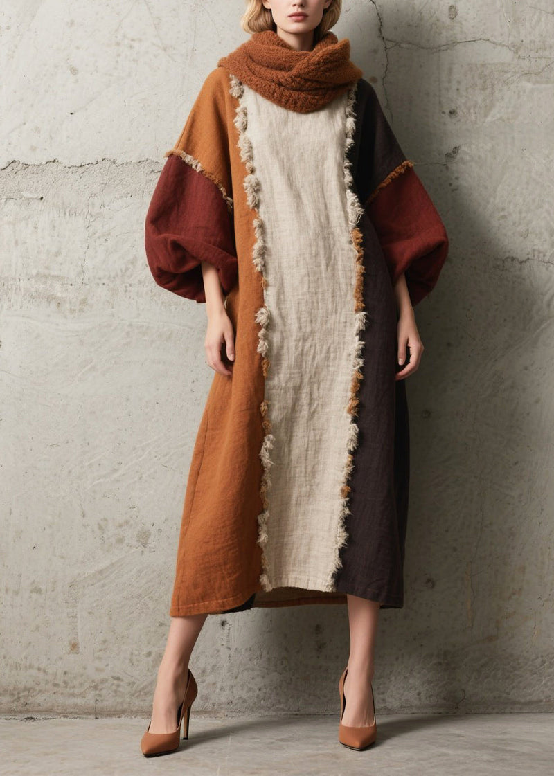 Colorblock Asymmetrical Patchwork Faux Fur Dress Lantern Sleeve