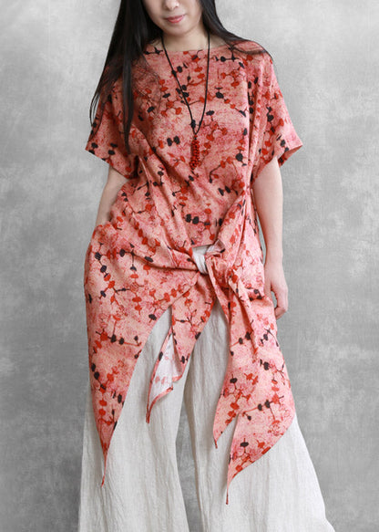 Retro Red O-neck Print Asymmetrical Tie Waist Linen Top Short Sleeve