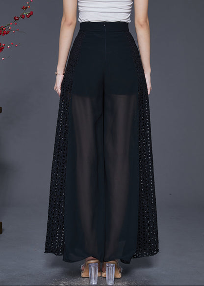 Black Hollow Out Patchwork Chiffon Wide Leg Pants Spring