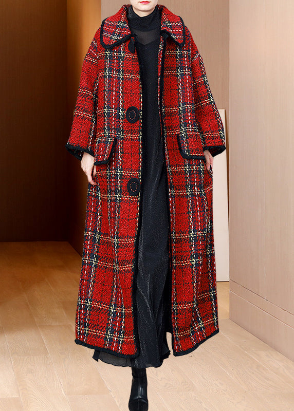 Red Peter Pan Collar Pockets Plaid Woolen Coats Winter
