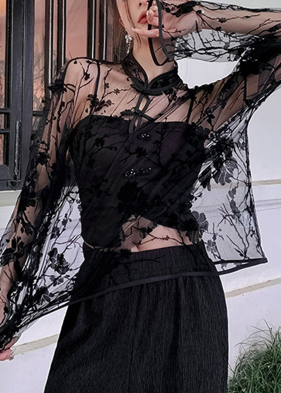 Black Stand Collar Embroideried Button Tulle Shirts Long Sleeve