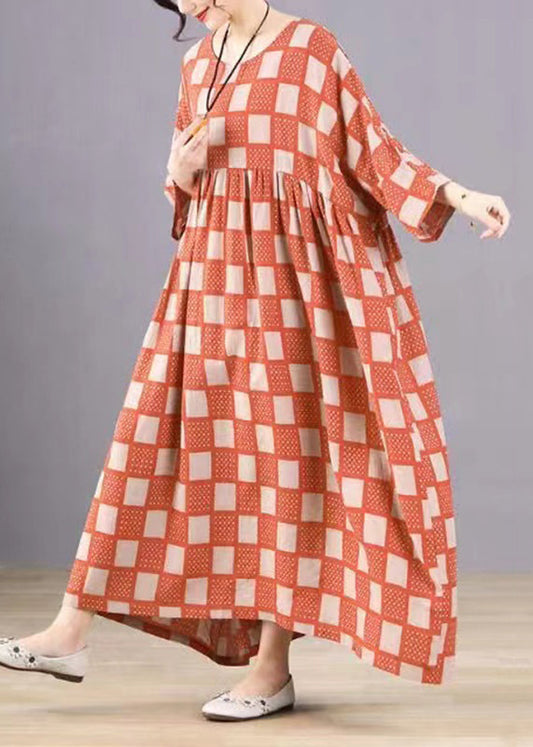 Style Orange O-neck Plaid Print Wrinkled Maxi Dresses Bracelet Sleeve