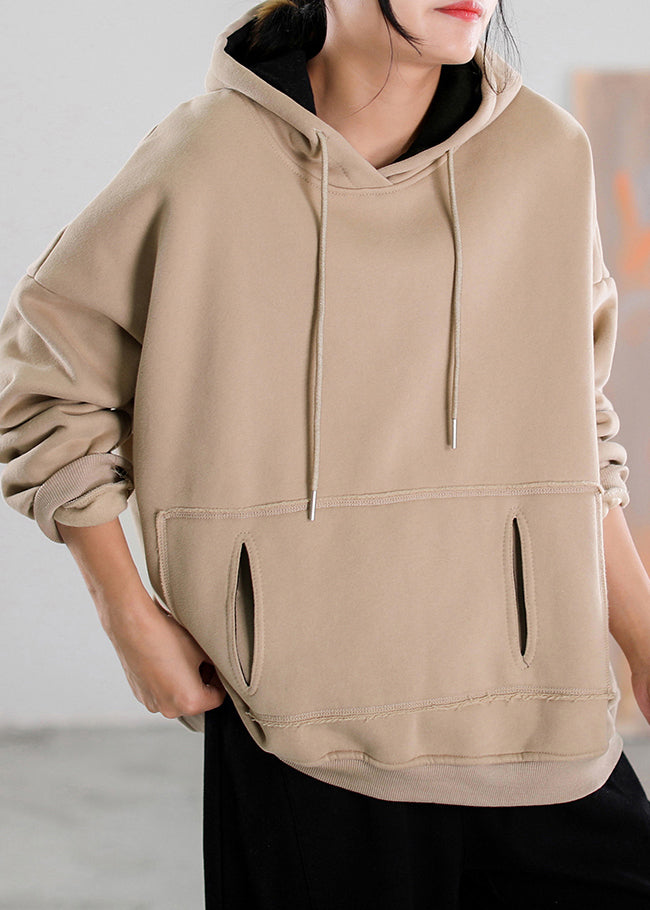 Khaki Patchwork Drawstring Warm Fleece Hoodies Pullover Fall