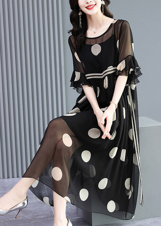 French Black O-neck Dot Print Silk Dress Two Pieces Set Flare Sleeve