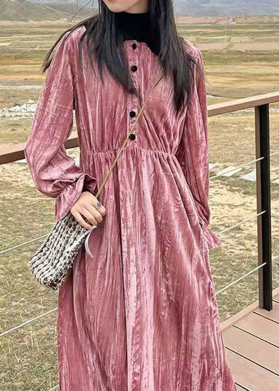 Pink Button Patchwork Velour Long Dresses Spring