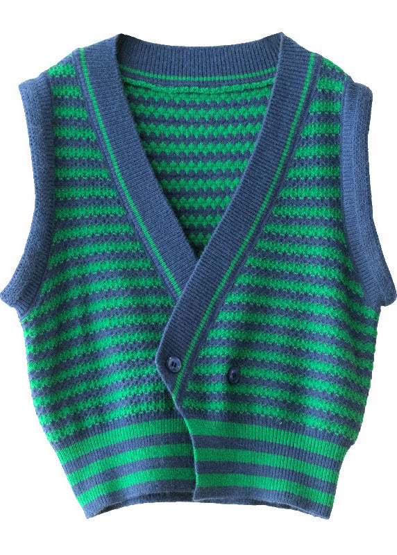 Green Striped Button Fall Knit Sleeveless Waistcoat