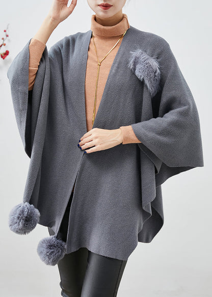 Grey Oversized Fuzzy Ball Decorated Knit Cardigan Fall