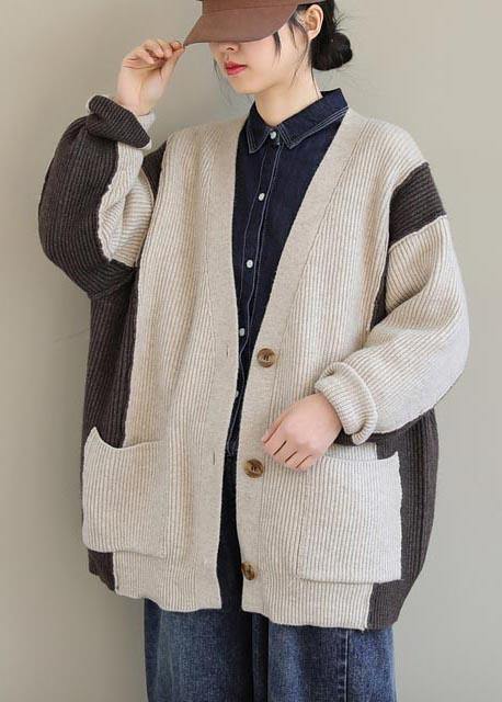 Aesthetic Spring Beige Knit Tops V Neck Button Down Knitted Clothes