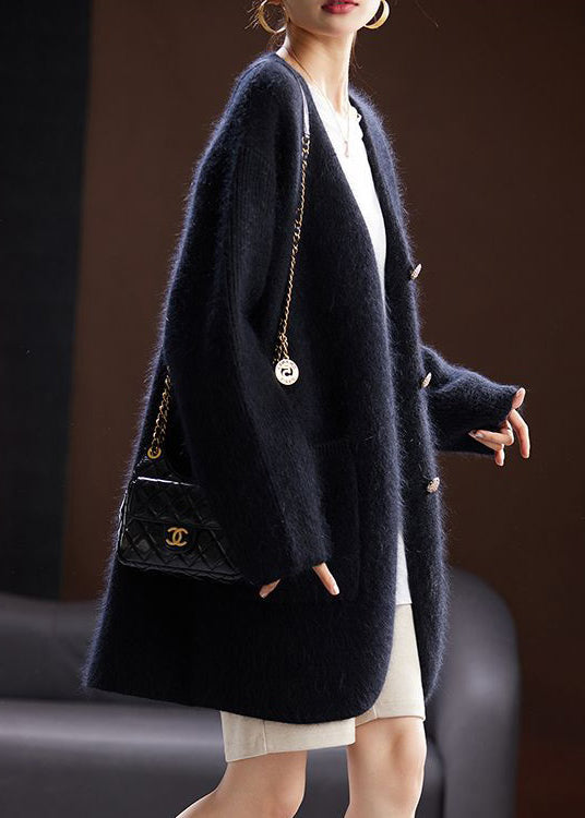 Black Button Pockets Cotton Knit Cardigan Long Sleeve