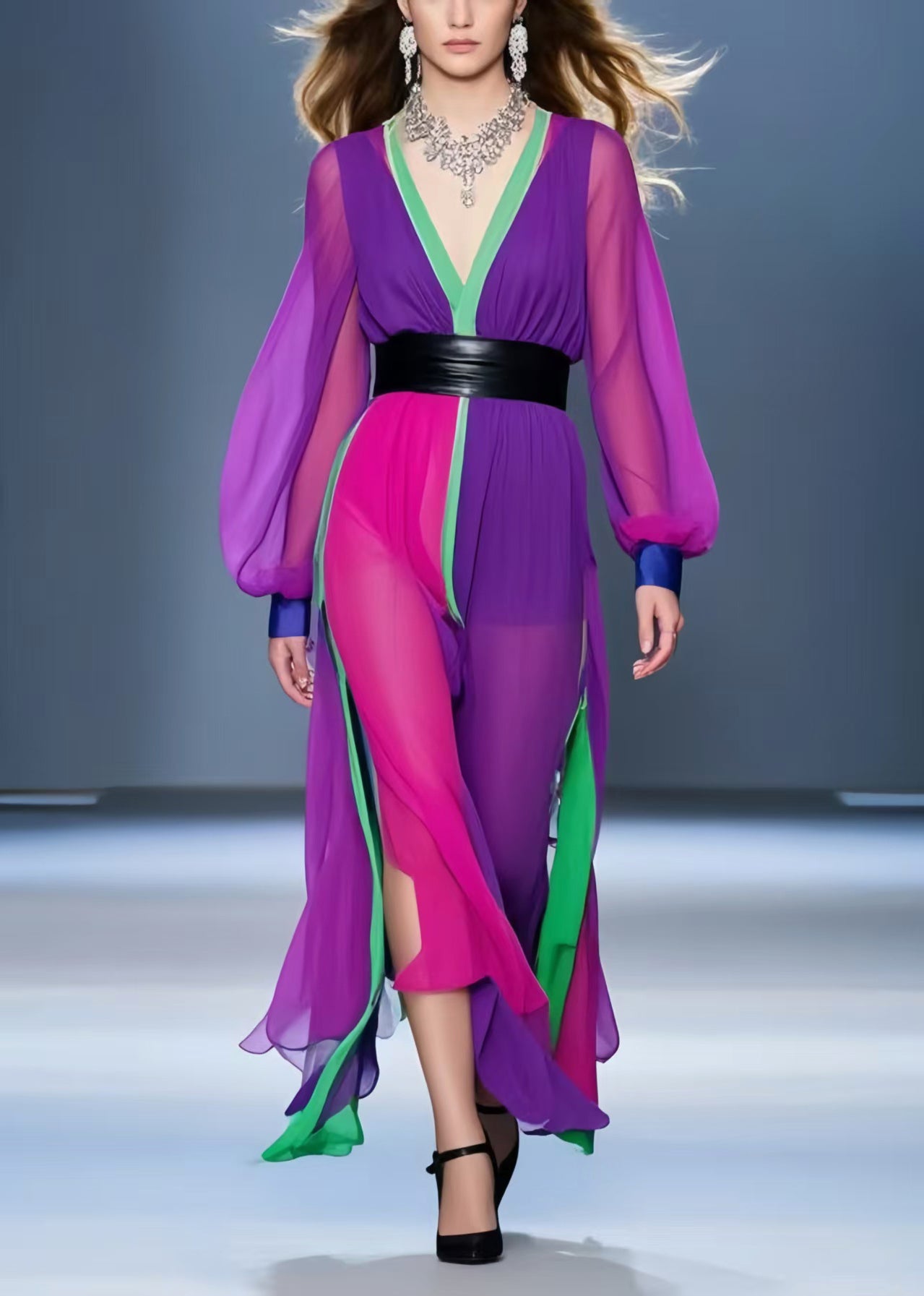 Multicolour Asymmetrical Patchwork Chiffon Dress Summer