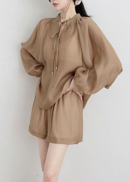 Khaki Stand Collar Color Cotton Two Pieces Set Summer