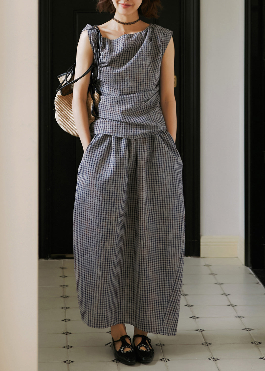 Summer New Plaid Asymmetric Design Two Pieces Set