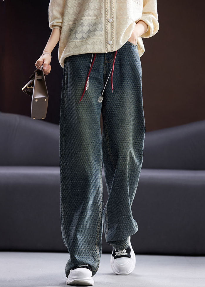 Blue Pockets Patchwork High Waist Cotton Straight Pants Fall
