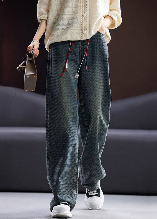 Blue Pockets Patchwork High Waist Cotton Straight Pants Fall