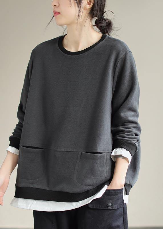Loose O Neck False Two Pieces Spring Shirts Christmas Gifts Gray Blouses