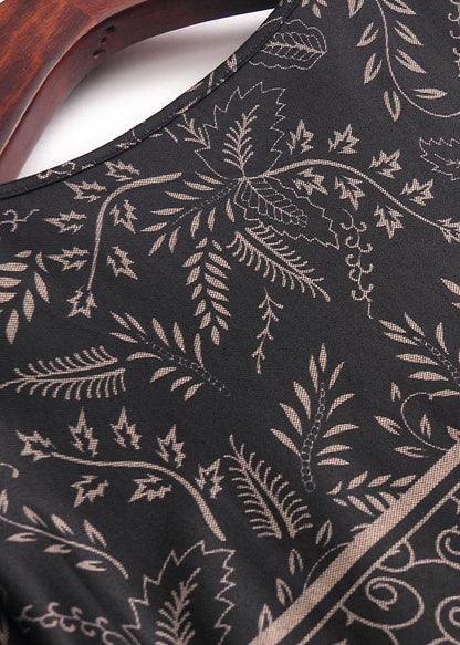 Black O-neck Wrinkled Print Silk Long Dress Long Sleeve