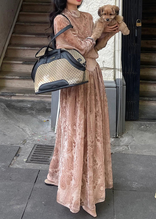 French Pink Turtleneck Print Silk Velour Long Dress Long Sleeve